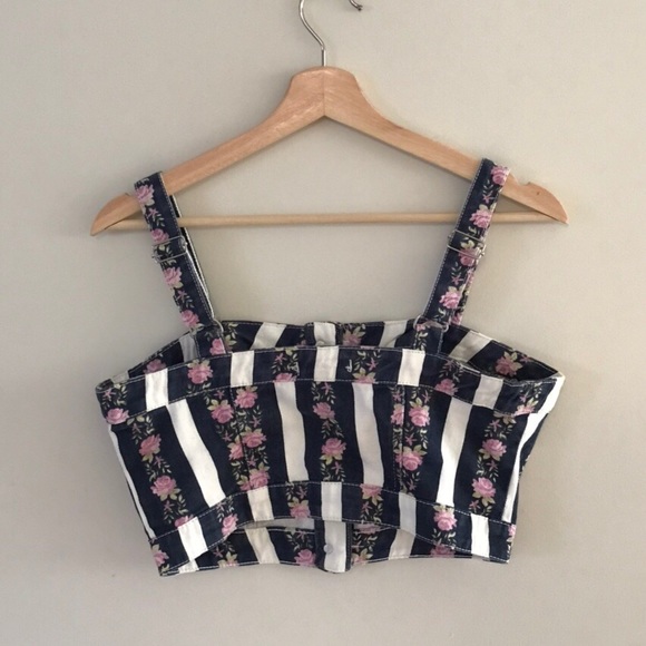 Flower pattern & striped button-up denim crop top - Picture 2 of 4